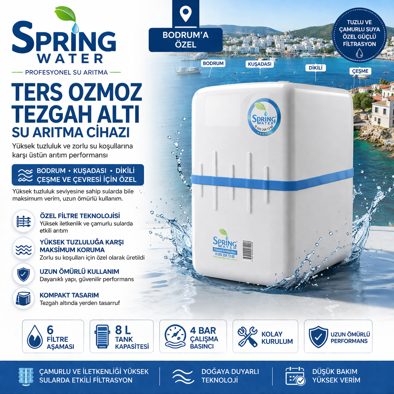 Spring Water Bodrum 8 Litre Pompalı Su Arıtma Cihazı