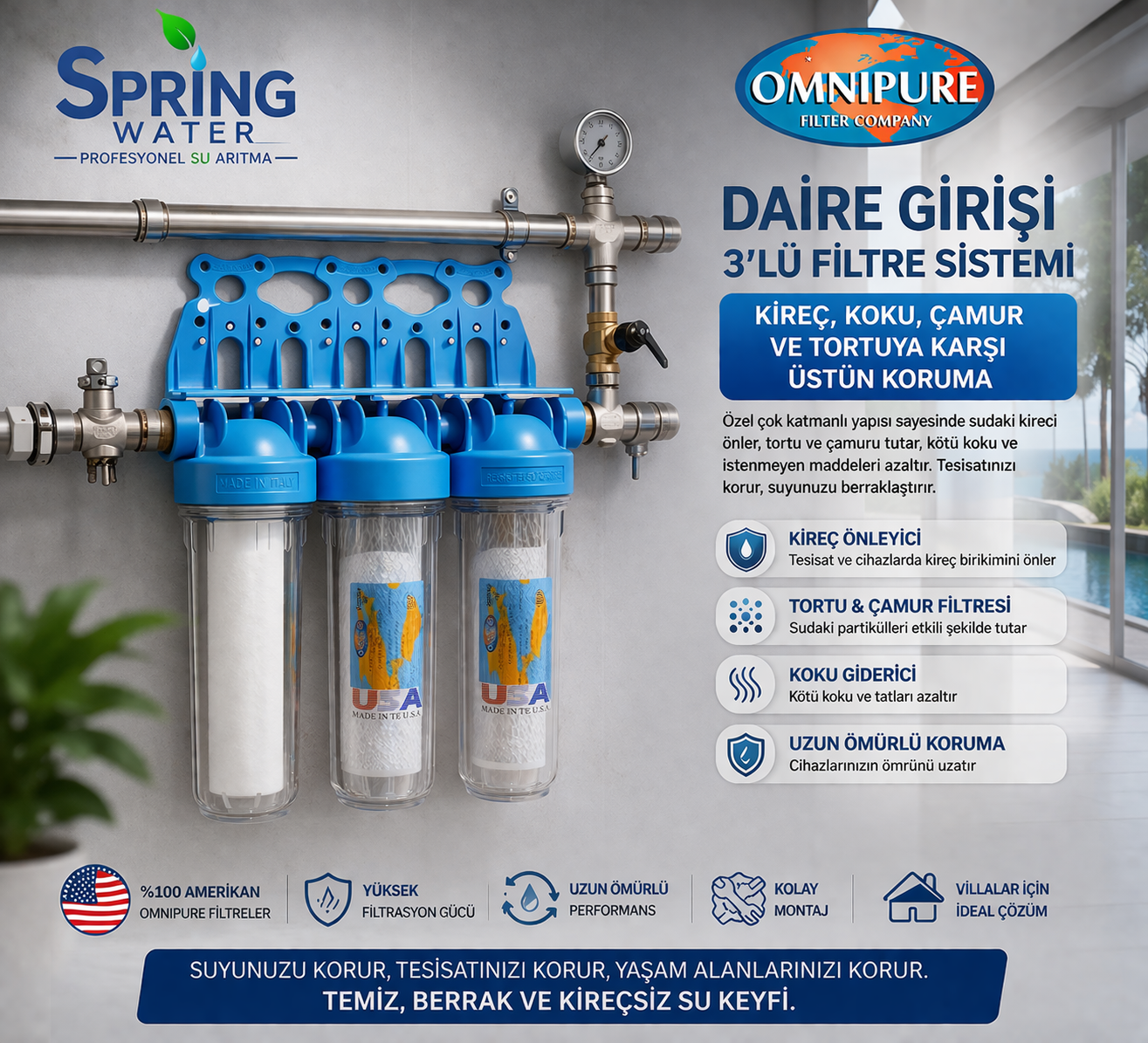 Daire Girişi Kireç Önleyici 3'lü Omnipure Filtre Sistemi