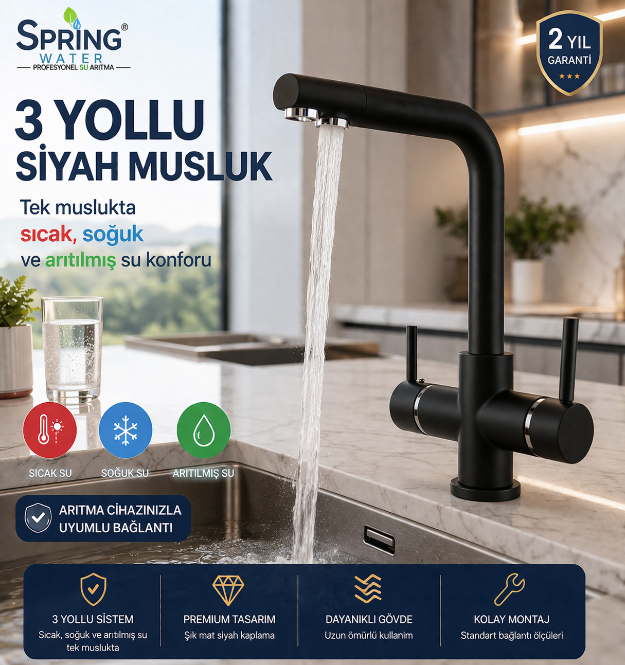 Üç Yollu Musluk Siyah (Sıcak - Soğuk - Arıtılmış Su)